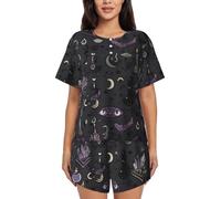 GMSGHJHDR Fashion Purple Black Goth Spooky Pajamas Set Womens - Round Neck Short Sleeve Sleepwear, Soft Comfortable Button Down Nightwear Lounge Pj Set