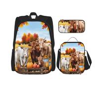GMSGHJHDR Highland Cow Print School Bag Backpack Pencil Case and Lunch Bag Set, Lightweight Travel Rucksack Primary Middle Bookbag for Kids Teens Girls Boys Student