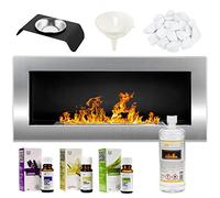 GMT- Bioethanol Eco Smokeless Fireplace Silver 90x40cm - Indoor Decorative Wall mounted or recessed Fire Heater Chimney - Modern Frame Design - Easy to Mount with Bio Liquid Fuel & Stones & Aroma Oils