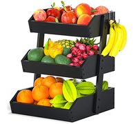 Gmtsl Bamboo Fruit Basket - 3 Tier Fruit Bowl For Kitchen Counter, Large Capacity Fruit Holder With 2 Banana Hangers, Idea For Fruit and Vegetable Storage, Bread Basket, Snack Organizer(BLACK)