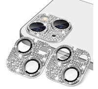 GMUJIAO Compatible with iphone 15/15 Plus for [2 Pack] Camera Lens Protector,Alloy Metal Frame/Camera Lens Protector,Aluminum Alloy Edge Cover Camera Lens Protector[Glitter Diamonds]-Silver