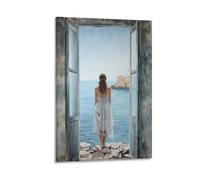 GMUKIFFY Country Girl Painting on Canvas Wall Art White Skirt Vintage Ocean Window View Stretched And Framed Canvas Prints Artwork for Home Decorations Ready to Hang Wall Decor 16x24inch(40x60cm)