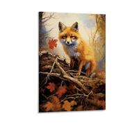 GMUKIFFY Country Rustic Fox Painting on Canvas Wall Art Forest Fallen Leaves Wildlife Stretched And Framed Canvas Prints Artwork for Home Decorations Ready to Hang Wall Decor 16x24inch(40x60cm)