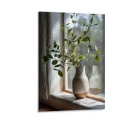 GMUKIFFY Modern Eucalyptus Painting on Canvas Wall Art Green Leaf Plant Vase Stretched And Framed Canvas Prints Artwork for Home Decorations Ready to Hang Wall Decor 08x12inch(20x30cm)