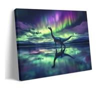 GMUKIFFY Mysterious Dinosaur Painting on Canvas Wall Art Retro Abstract Aurora Lake View Stretched And Framed Canvas Prints Artwork for Home Decorations Ready to Hang Wall Decor 08x12inch(20x30cm)