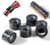 GMYIAK 6Pcs Marble Napkin Holder and 1Pcs Bracket,Napkin Ring,Napkin Holder,Round Napkin Rings,Modern Napkin Ring Decorative Rack Organiser for Kitchen,Dining Room,Hotel Table Countertop (Black)