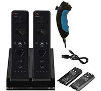 GN-009A 2x Remote & Nunchuk Controller & 1x Charging Dock Controller Includes 2 Pcs of 2800mAh Battery Pack For Nintendo Wii & Wii U Remote - Plum Blossom D-Pad & Triangle (Design A - Black)