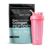 GN Hydrolysed Collagen Peptides Powder, Bovine, Unflavoured, Type I and III, 10g per Serving, 100 Servings, 1kg, with 600ml Pink Shaker