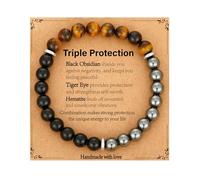 Gnamy Triple Protection Bracelet for Men, Mens Black Obsidian Hematite Tiger Eye Beads Natural Stone Evil Eye Bracelet Jewelry Gifts for Birthday Christmas, one size, No Gemstone