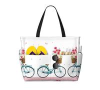 Gnbmvcc Blue Bicycle Flower Women'S Oversized Beach Bag, Zipper Women'S Handbag. Travel, Shopping. Travel. Swimming Pool
