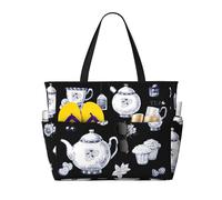 Gnbmvcc Hand Drawn Teapots And Cups Women'S Oversized Beach Bag, Zipper Women'S Handbag. Travel, Shopping. Travel. Swimming Pool