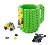 GNEGNI LIFE Building Blocks Mug, Build-on Brick Coffee Mug Set 350ml with 3 Random Packs of 2-in-1 Bricks - Fun Gift for Men, Dad, Boys, Girls for Christmas & Birthdays (Green)