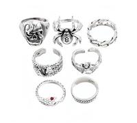 Gnepief Gothic Silver Ring Set, 6 Pieces, Spider Skull Snake Design, Vintage Punk Style Statement Rings