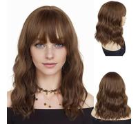 GNIMEGIL 15 inch Medium Length Brown Wig with Bangs Wave Curly Wigs for Women Natural Brown Hair Replacement Wigs Cosplay Halloween Costume Drag Queen Wig