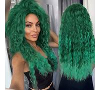 GNIMEGIL 26 Inch Long Curly Wavy Green Wig Natural Ombre Fluffy Synthetic Hair Replacement Wig with Free Part Thick Hairline for Costume Cosplay Halloween Party Suitable for White Women