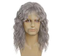 GNIMEGIL Long Curly Wavy Grey Wigs for Men Synthetic Natural Party Halloween Cosplay Hair Wig with Bangs