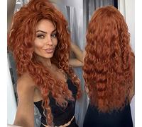 GNIMEGIL Long Ginger Red Orange Curly Wig Synthetic Hair Merida Costume with Fluffy Waves Free Part Hairline Natural Copper Tones Wig Ideal for Halloween Cosplay and Drag Queen Wigs