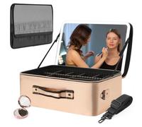 GNIYNAY Extra-Large Capacity Cosmetics Train Case with LED Lighted Mirror 3 Color Lights Adjustable Brightness Portable Makeup Bag with Adjustable Dividers for Professional Artist, Rose Gold