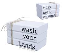 GNIYNAY Farmhouse Mini Bookstack for Bathroom Decor Wooden Books for Restroom Shelf Decorative Accent for Guest Bathroom Mini Sign, Reversible - Wash Your Hands/Relax Soak Unwind