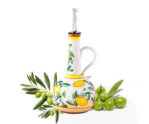 Gnlnkn Ceramic Olive Oil Dispenser Bottle - 18.3 oz Oil Cruet with Spout and Handle, Lemon Pattern, 10.2” Tall - Non-Drip Pourer for Kitchen Counter, Salad Dressing, Vinegar, Decorative Oil Container