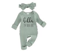 GNMKILUS Newborn Baby Boy Girl Clothes Long Sleeve Romper Onesie Bodysuit Hi I'm New Here Letter Print Jumpsuit Coming Home Outfit Fall Winter Clothes (Green A, Newborn)
