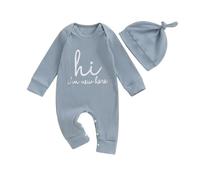 GNMKILUS Newborn Baby Boy Girl Clothes Long Sleeve Romper Onesie Bodysuit Hi I'm New Here Letter Print Jumpsuit Coming Home Outfit Fall Winter Clothes (Blue, 0-3 Months)