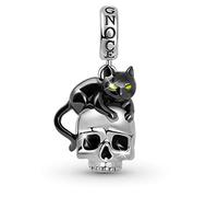 GNOCE Black Cat with Skull Dangle Charm Sterling Silver 18k Gold Plated Pendant Fit Bracelet/Necklace for Women Girls Wife Daughter (Silver)