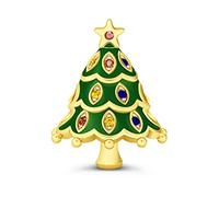 GNOCE Emerald Christmas Tree Charm Yellow Gold Plated with Multicolor Stones Happy Christmas 925 Sterling Silver Charm Bead for Bracelet/Necklace Christmas Charm Gift