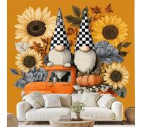Gnome Autumn Pumpkin Sunflower Flowers 3D Wallpaper Retro Rustic Car Wall Stickers 200x140 cm Pastoral Gnome Canvas Wallpaper for Bedroom Living Room Stickers Mural Peel and Stick Wall Art Wf224g