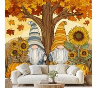 Gnome Autumn Tree Sunflower Pumpkin 3D Wallpaper Natural Rustic Fairy Tale Wall Stickers 200x140 cm Nordic Gnome Canvas Wallpaper for Bedroom Living Room Stickers Mural Peel and Stick Wall Art Wf197g