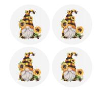 Gnome Bee Yellow Floral MDF Cork Coaster 4 Pcs Set - Round Shape Print Wood Table Decor - Perfect for Home, Office, Bar, and Party