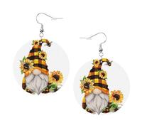 Gnome Bee Yellow Floral Prints Leather Round Earrings Pendant Stylish And Light Lightweight Dangle For Women Girls, One Size, Leather, No Gemstone