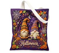 Gnome Canvas Tote Bag, Fanciful Festive Pumpkins Spider Web Halloween Violet Aesthetic Tote Bag 13x15 Inch, Purple, 13x15 Inch