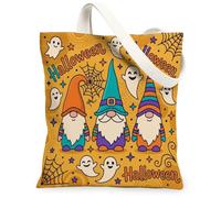 Gnome Canvas Tote Bag, Fanciful Playful Ghost Spider Web Halloween Orange Shopping Bag 13x15 Inch, Orange, 13x15 Inch