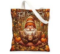 Gnome Canvas Tote Bag for Women, Fall Cozy Pumpkin Maple Leaf Fall Orange Washable Reusable Aesthetic Tote Bag for Shopping, Orange, 13x15 Inch