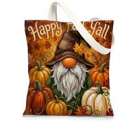 Gnome Canvas Tote Bag for Women, Fall Fanciful Pumpkin Leaf Fall Orange Washable Reusable Shopping Bag Ideas for Outdoor Tr, Orange, 13x15 Inch