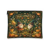 Gnome Canvas with Zipper, Fanciful Festive Pumpkins Lantern Halloween Green Portable with Zipper Travel Makeup Bag for Travel, Bathroom, Vanity, Purse Storage and Gifts, Green, 7x9 Inch, Whimsical