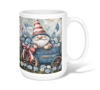 Gnome Ceramic Coffee Mug, Festive Fanciful Flowers Cart Summer Blue Novelty Office Drinking Cup with Handle Ideal for Friends Family Lovers Eldership Senior Co-Worker 15 Oz
