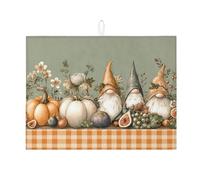 Gnome Dish Drying Mats For Kitchen Counter, Autumn Pumpkin Floral Absorbent Dish Drainer Rack Mat, Cozy Microfiber Drying Pad For Kitchen Counter Coffee Bar Protector 18x24 Inch