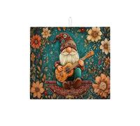 Gnome Dish Drying Mats For Kitchen Counter, Vintage Floral Absorbent Dish Drainer Rack Mat, Fanciful Microfiber Drying Pad For Kitchen Counter Coffee Bar Protector 16x18 Inch