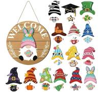 Gnome Door Decor, Interchangeable Wooden Gnome Decor, Holiday Seasonal Gn-ome Decorations With Magnet Pieces And Detachable Hats, For Front Door, Porch, Farmhouse And Wall