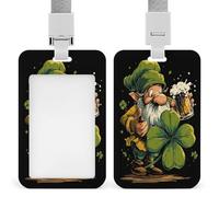Gnome Drinking Beer with Four-Leaf Clover ID Badge Holder Retractable Clip Card Holder Card Protector Name Badge Name Tag for Work Office Doctor Nurse