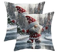 Gnome Ice Skating Throw Pillow Covers, Red Christmas Decor Cushion Case, Winter Holiday Xmas Decoration Soft Velvet Pillowcase for Home Sofa Bedroom Living Room 18x18 Inch