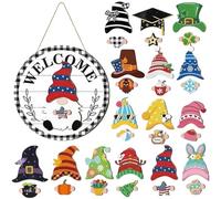 Gnome Interchangeable Welcome Sign Decor, Halloween Gnome Interchangeable Welcome Sign With Magnet Pieces Seasonal Decoration For Home Front Door, Porch, Yard And Parties