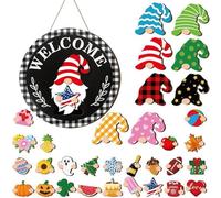 Gnome Interchangeable Welcome Sign | Interchangeable Wooden Seasonal Sign | Wall Decor with Magnet Pieces and Detachable Hats | for Porch Wall Outdoor Yard Garden Holiday Christmas Halloween