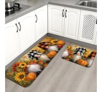 Gnome Kitchen Mats for Floor, Fall Harvest Gnomes and Sunflowers Soft Mats, Cushioned Comfort Washable Non Slip Decor Rugs for Kitchen Sinks Laundry Room Bathroom 2PCS