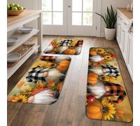 Gnome Kitchen Mats for Floor, Fall Harvest Gnomes and Sunflowers Soft Mats, Cushioned Comfort Washable Non Slip Decor Rugs for Kitchen Sinks Laundry Room Bathroom 3Pcs