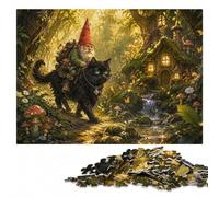 Gnome Riding a Black Cat in a Magical Forest Jigsaw Puzzle, 300 Pieces