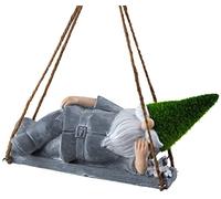Gnome Snoozing On Swing - Hanging Garden Novelty Ornament - w/Faux Grass Hat
