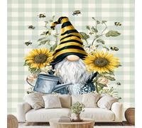 Gnome Sunflower Leaves Bee Mural Wallpaper Retro Nature Country Wall Stickers Buffalo Plaid Non-Woven Wall Paper 400x280 cm Peel and Stick Paper for Living Room Bedroom Wf210g